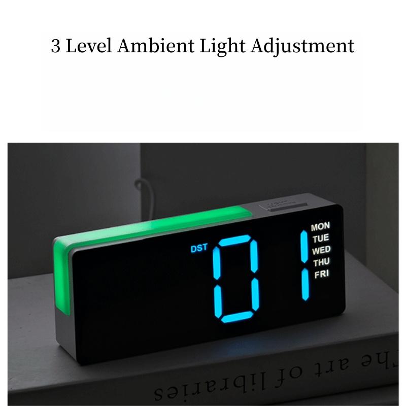 LED Digital Alarm Clock Atmosphere Light Date Teperature Week Display DST Snooze Table Clock 12/24H Brightness Adjustment