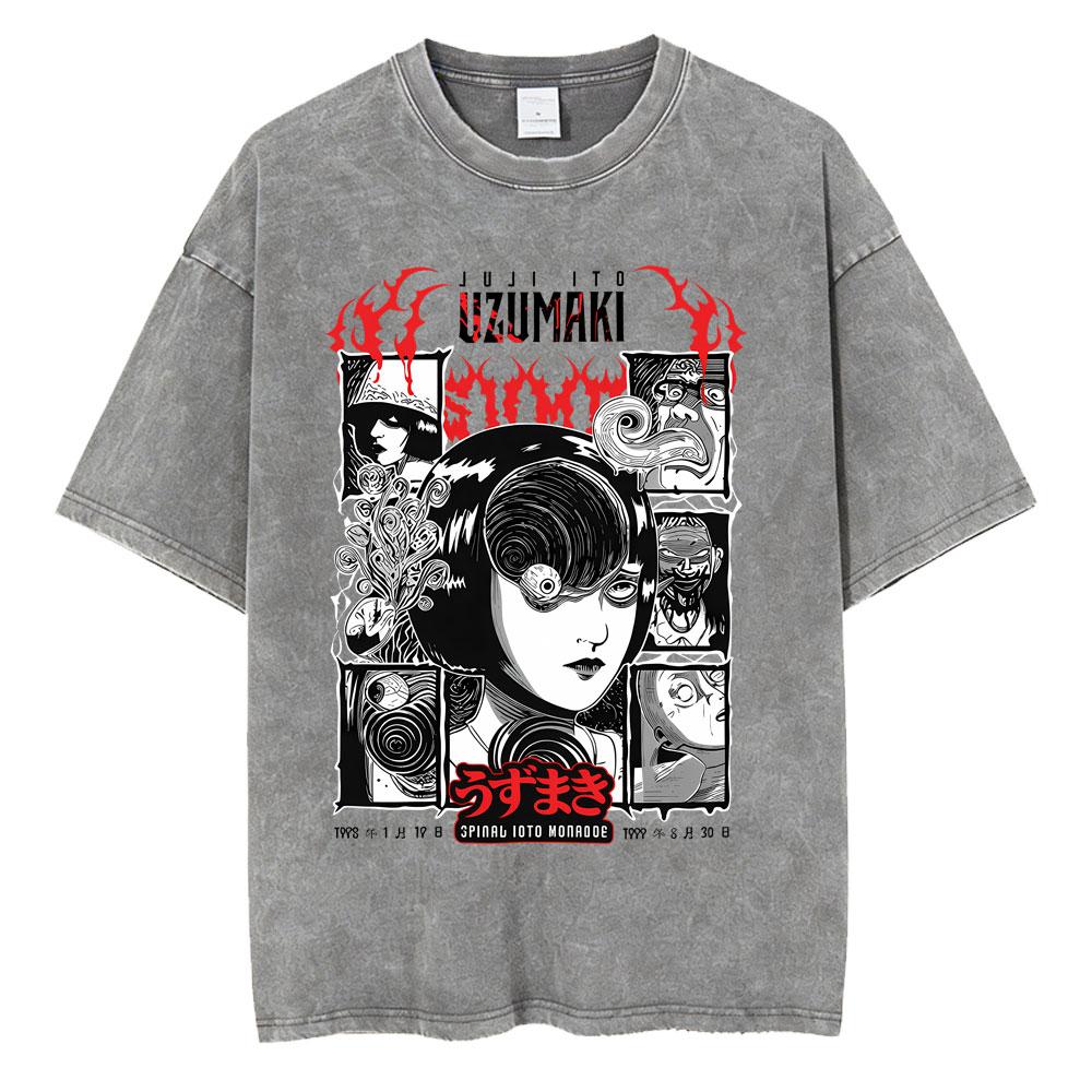 Unisex Washed Vintage Horror Anime Junji Ito Uzumaki Graphic T-shirt Men Women Manga Retro Oversized T Shirt Y2k Casual Cotton T-shirts