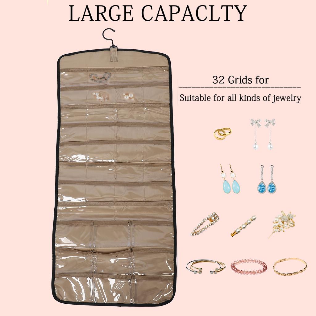Portable Hanging Jewelry Storage Roll with Metal Hooks Double Sided Jewelry Holder Rack
