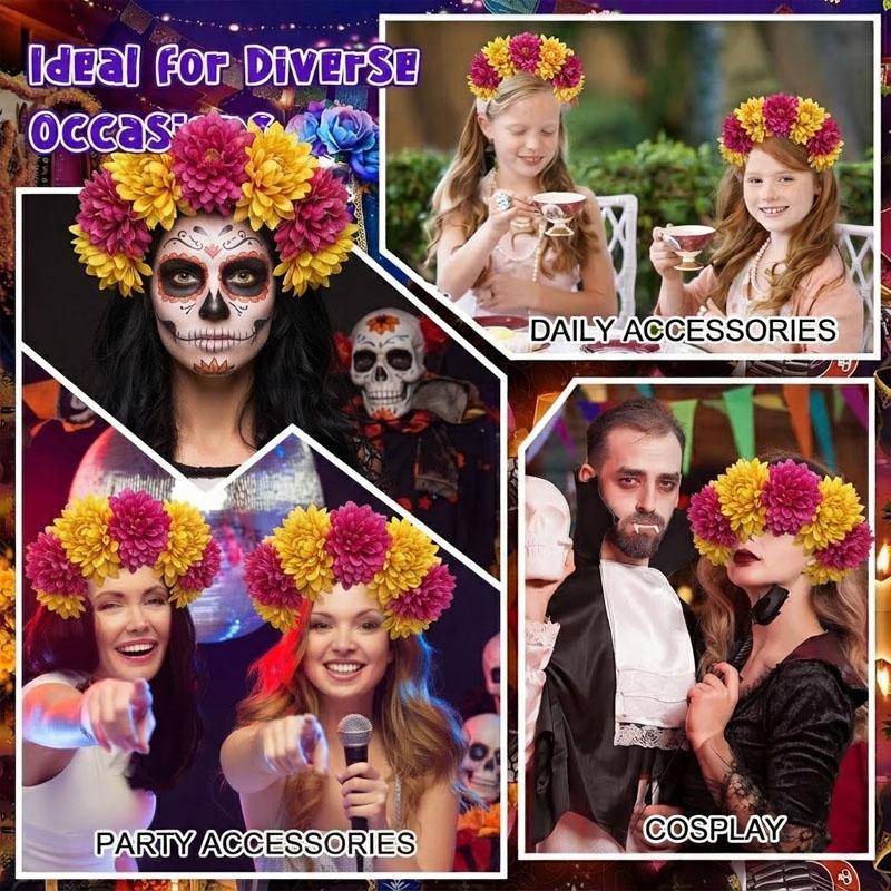 1-10pcs Day of the Dead Marigold Headband Artificial Flower Crown for Women Halloween Party Fiesta Costume Accessory