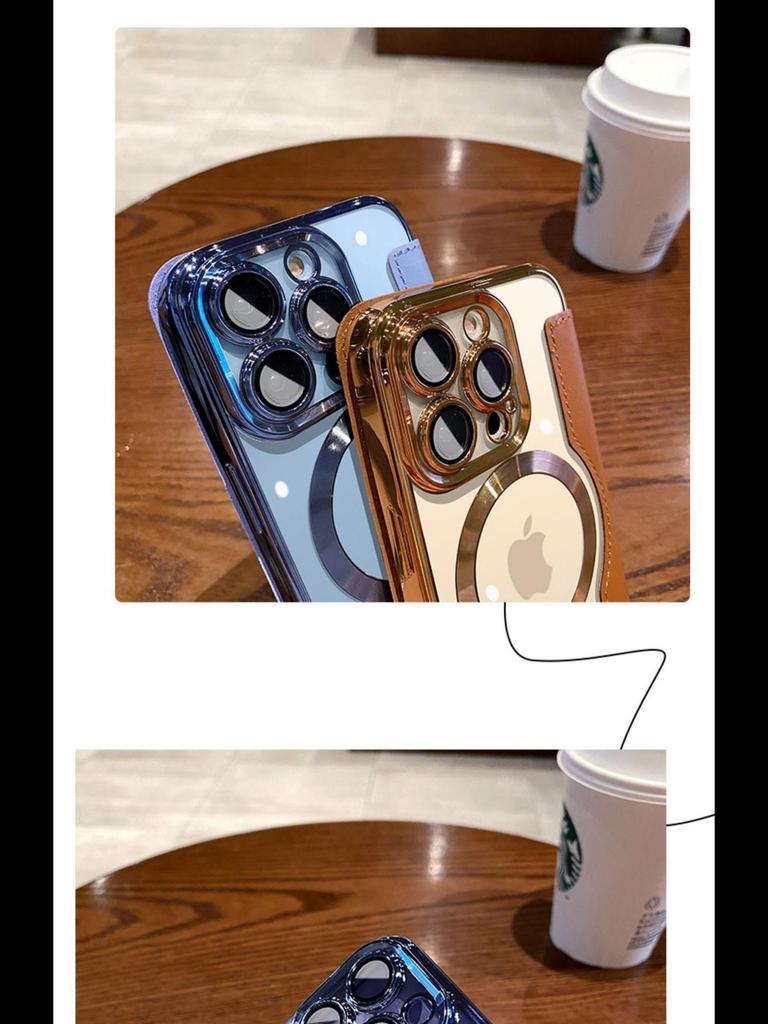 "Apple iPhone 15 Gold Shield Magnetic Leather Flip Case with Full Lens Protection"