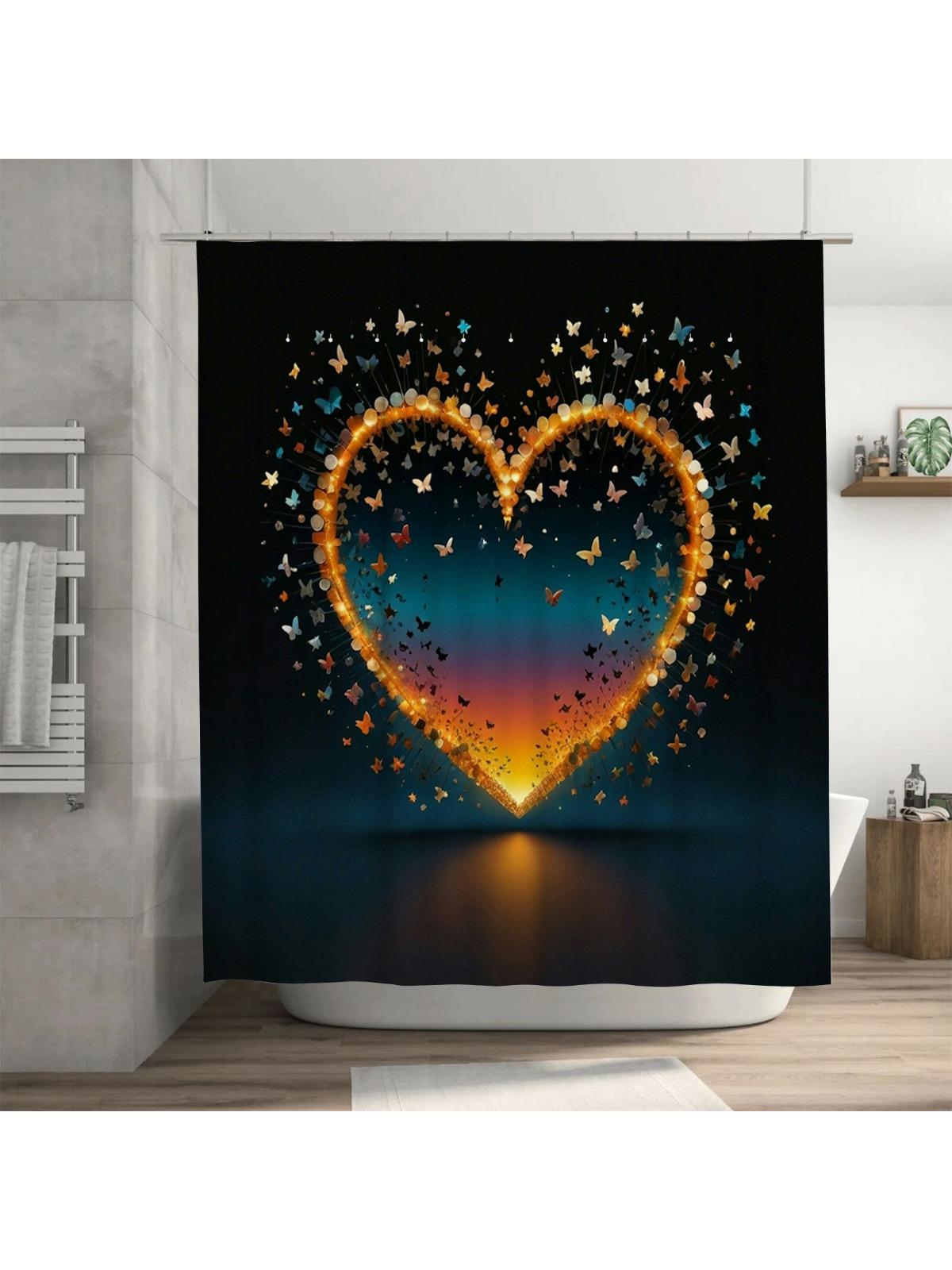 

3D Heart With Butterflies Shower Curtain | Romantic And Dreamy Bathroom Decor W60H190(CM)-1 Pcs