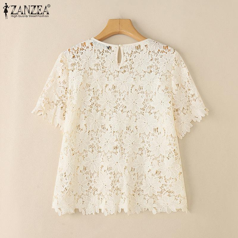 ZANZEA Women Casual Round Neck Hollow Out Lace Short Sleeve Blouse