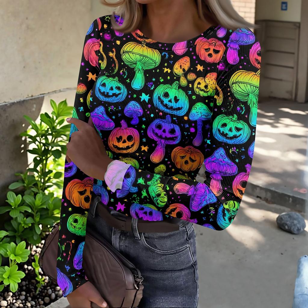 Women's Casual Long Sleeve Ribbed Knit Top Halloween Pumpkin Print Crew Neck Slim Fit Shirt for Fall Seasonal Wear