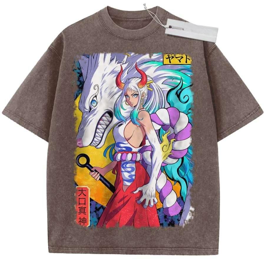 Vintage Washed Pink TShirt One Piece Anime Yamato White Wolf Print Oversize Streetwear Top Casual Daily Wear