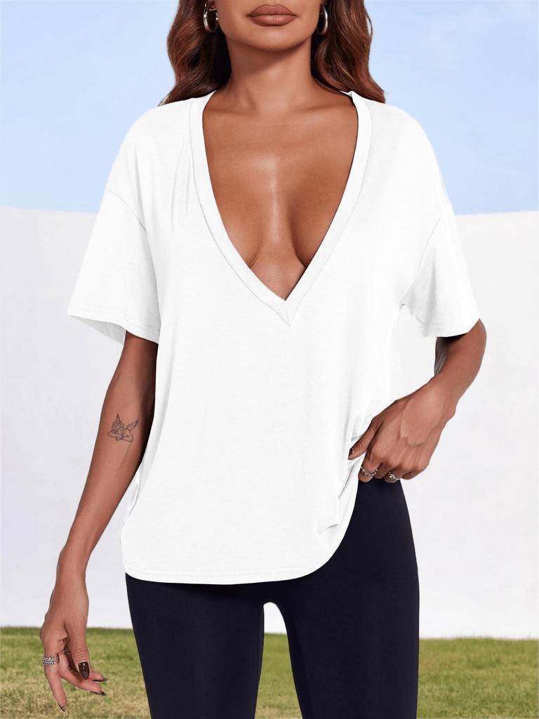T-shirt estiva da donna con scollo a V profondo, manica corta, vestibilità larga, basic