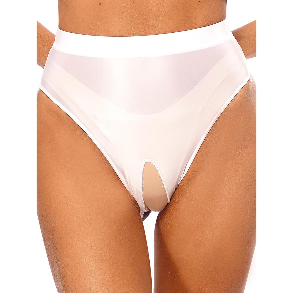 Womens Glossy Stretchy Panties High Waist Open Crotch Design Elastic Waist Sexy Underwear Lingerie