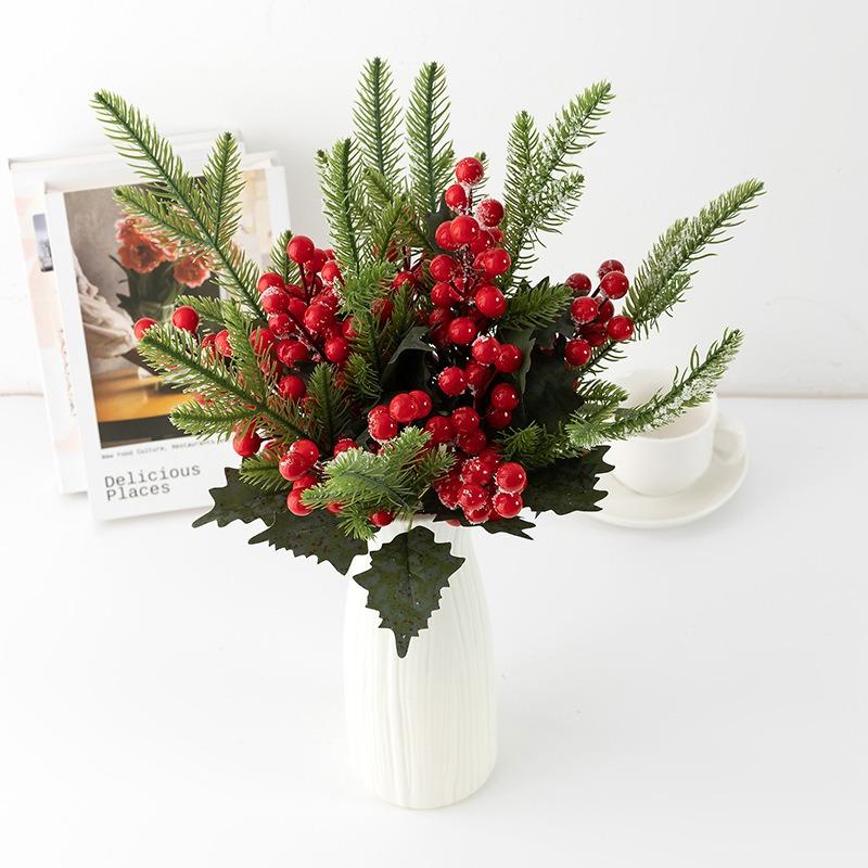 Artificial Simulated Plants Berry Branch Pine Grass Red Berries Flowers DIY Wreath Christmas Tree Ornaments Xmas Home Decoration