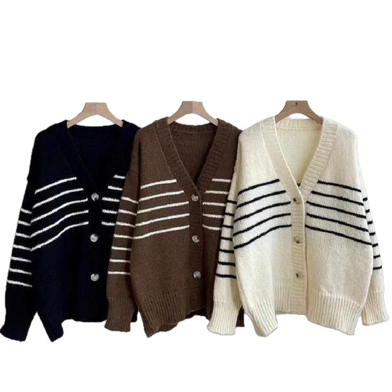 Women's Slimming Knit V-Neck Striped Cardigan - Japanese & Korean Design, Casual & Loose, Autumn/Winter Fashion.