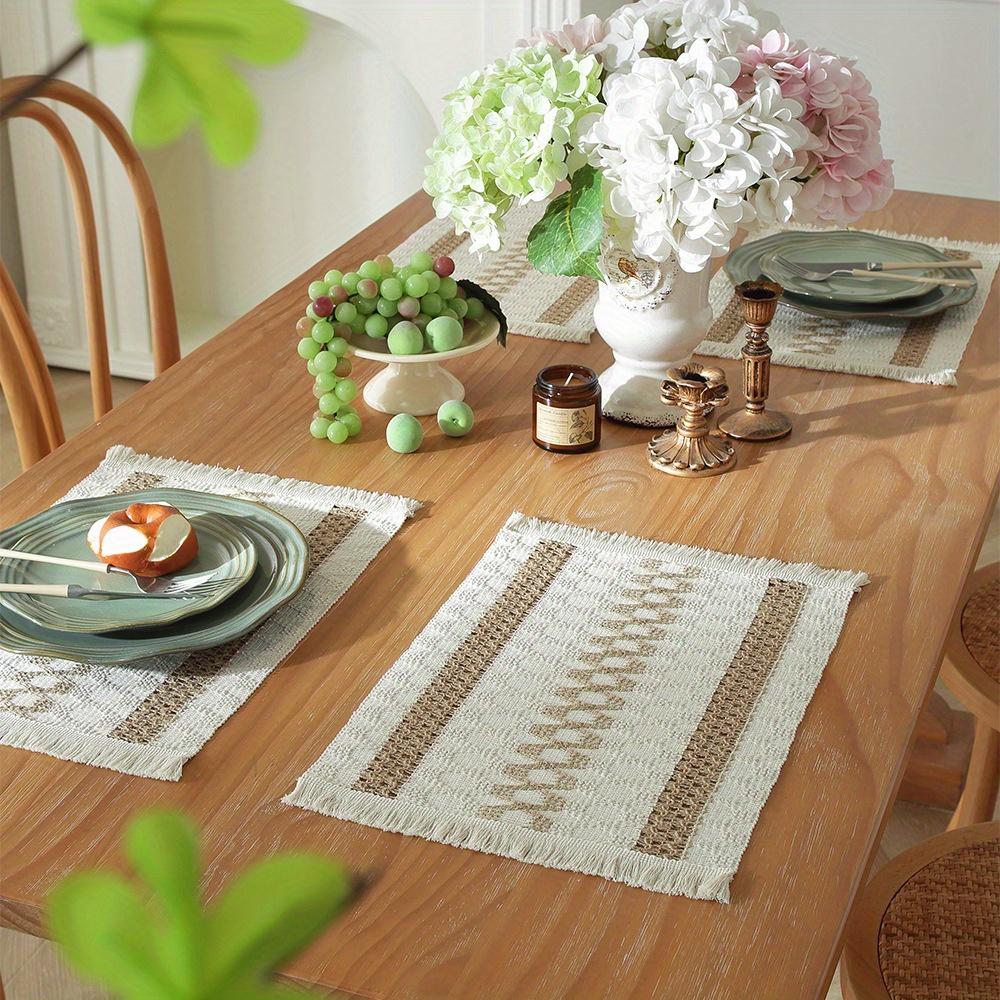 1Pc Woven Colorblock Striped Tassel Cotton Linen Rope Placemat for Holiday Home Party Tabletop Decoration