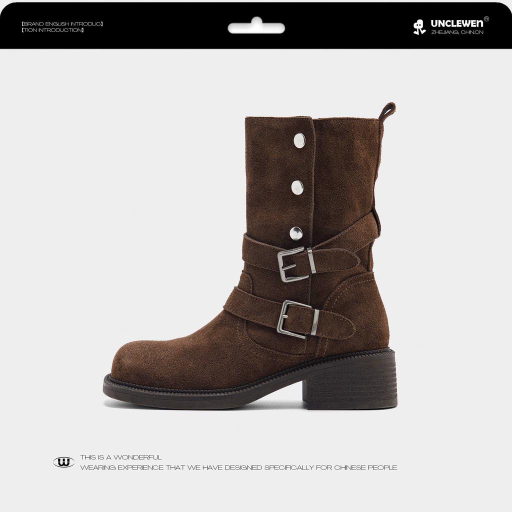 Cowhide version~ retro style women's shoes heightened 5.5cm Martin boots women's Maillard thick-heeled boots thick-soled buckle-strapped short boots
