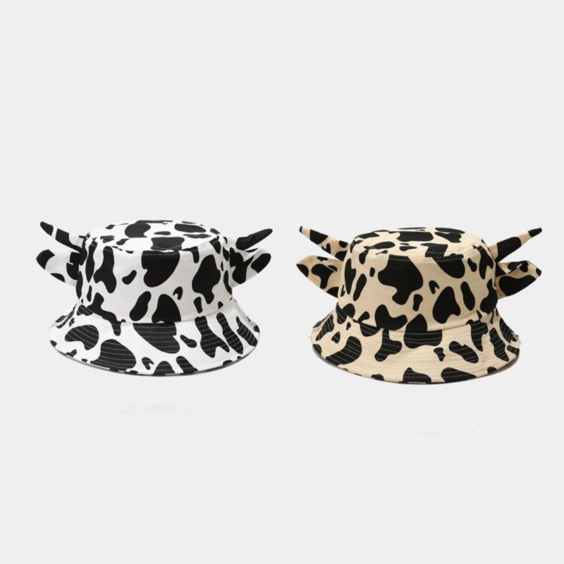 Summer for Sun Cap Wide Brim Fisherman Hat Cow Print Bucket Hat with Horns & Ear