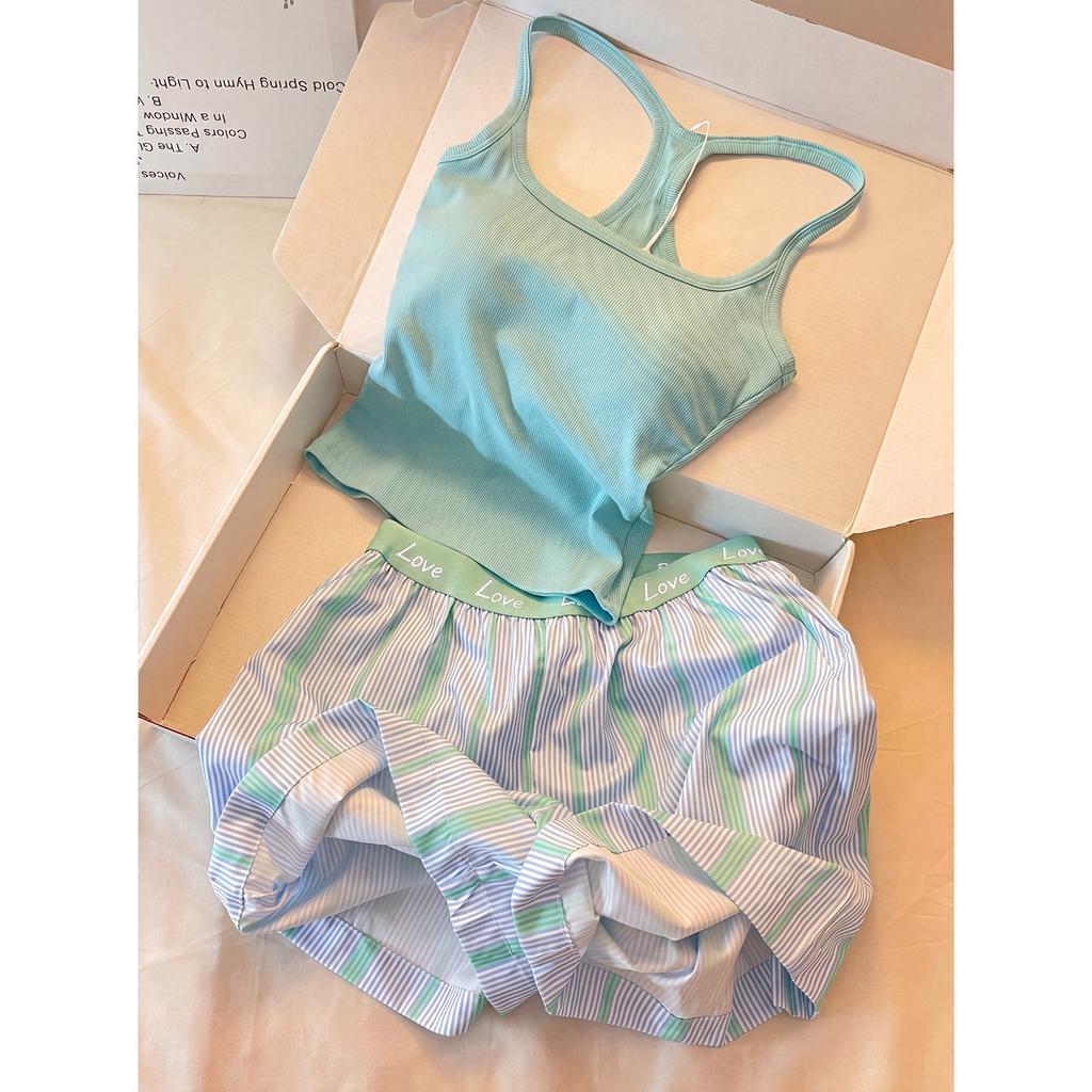 Summer pajamas with chest pads women's 1011 new Korean version can be worn outside striped shorts loungewear large size suit