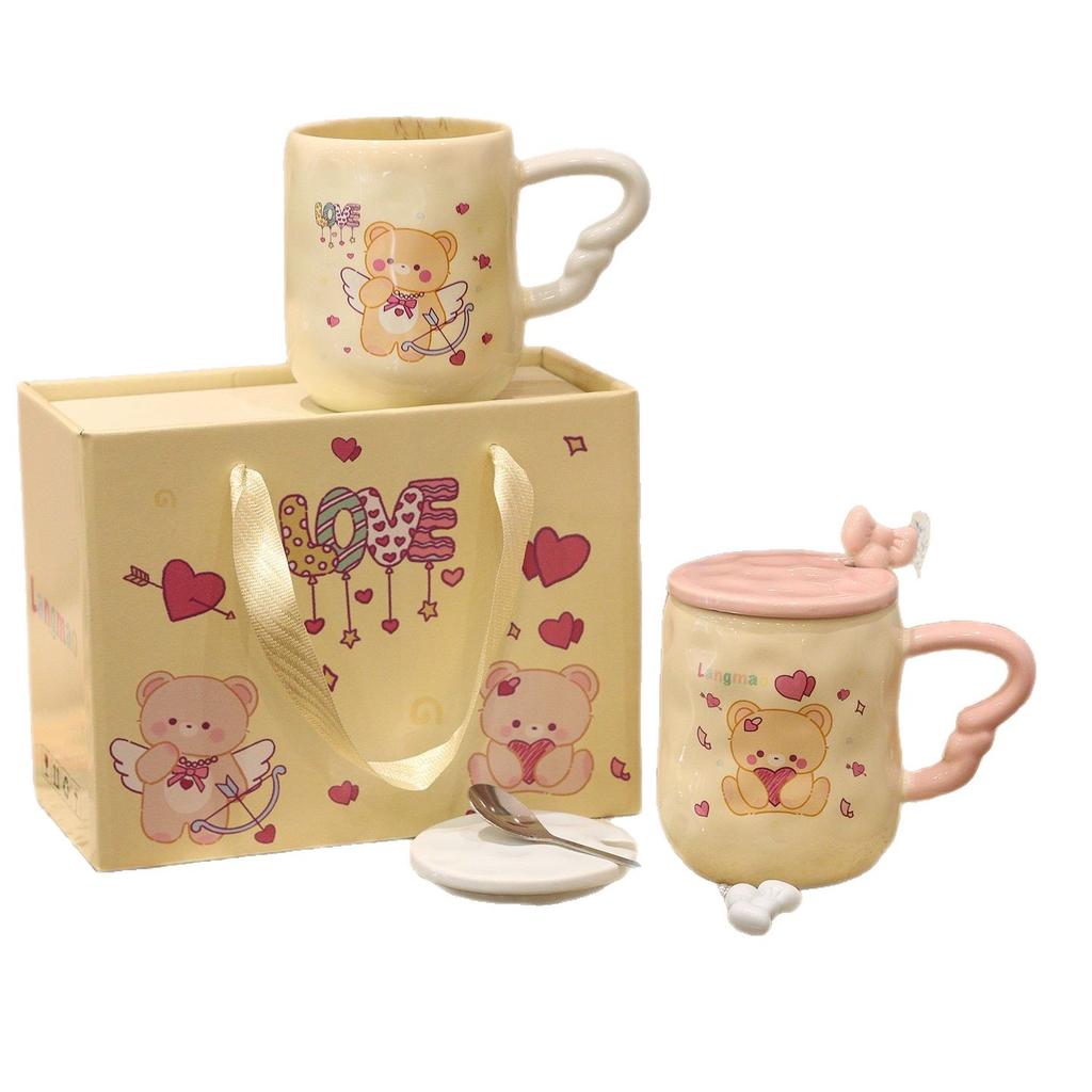 Love Bear Ceramic Cup with Lid Spoon Mug Wedding Gift Water Cup Couple Cup High End Niche