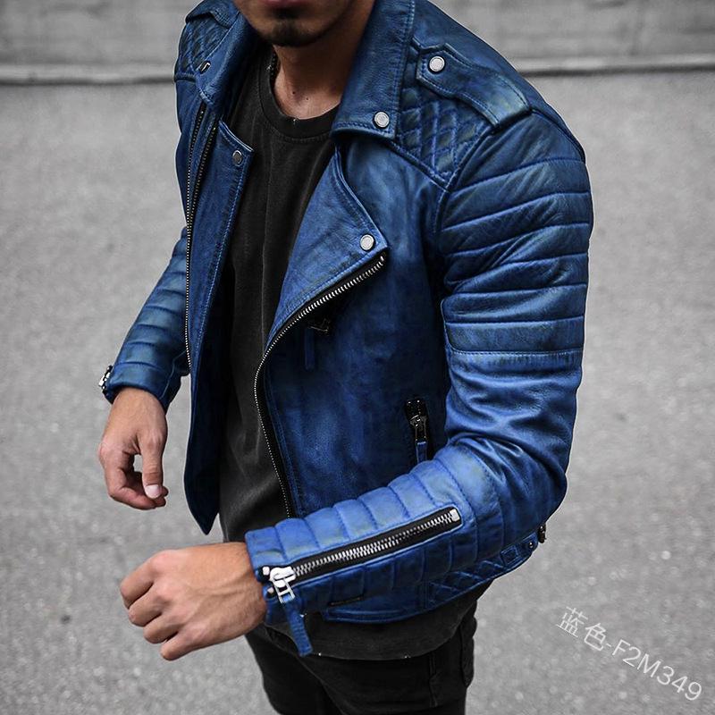 

2024 Spring/Autumn Men s Slim Lapel Leather Motorcycle Jacket M синій