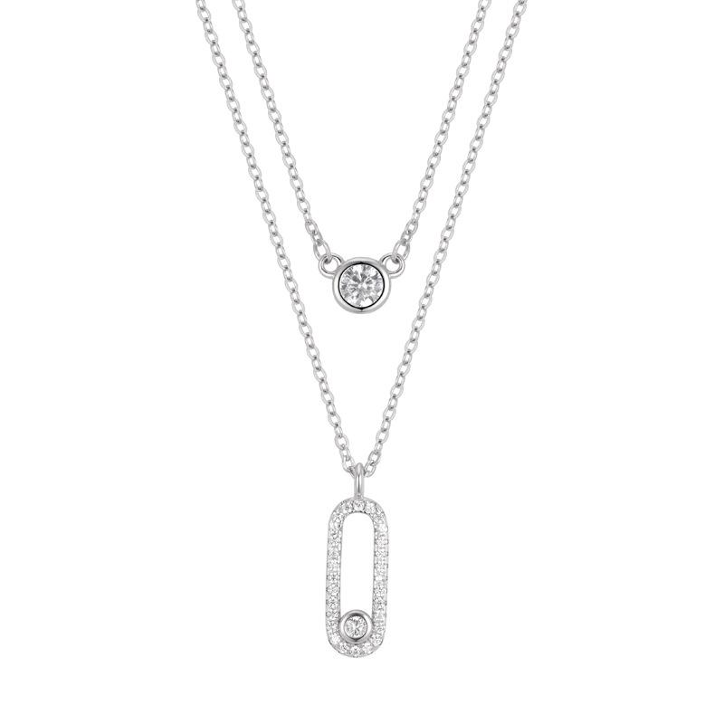 S925 Sterling Silver Brooch Pendant Necklace with Zircon Beads and Double Layer Cross Chain