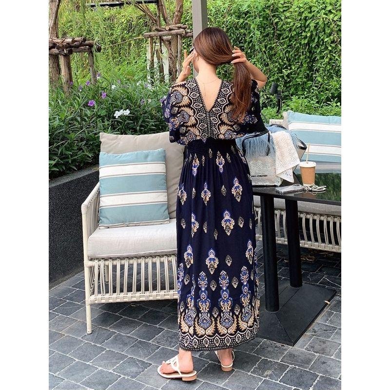 Korean Style Plus size women clothing V-neck Ethnic Style Print Waist Hugging Fashion Loose Batwing Sleeve Dress Long dress XL-5XL