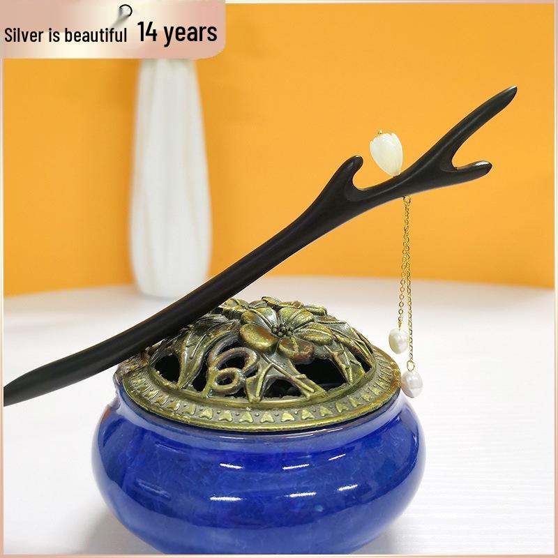 Sandalwood Ebony Hairpin: Ancient Style Hair Accessory with Magnolia and Hanging Branches