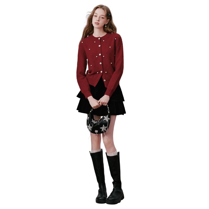 Xiangying Women s Round Neck Pearl Embellished Knit Cardigan M