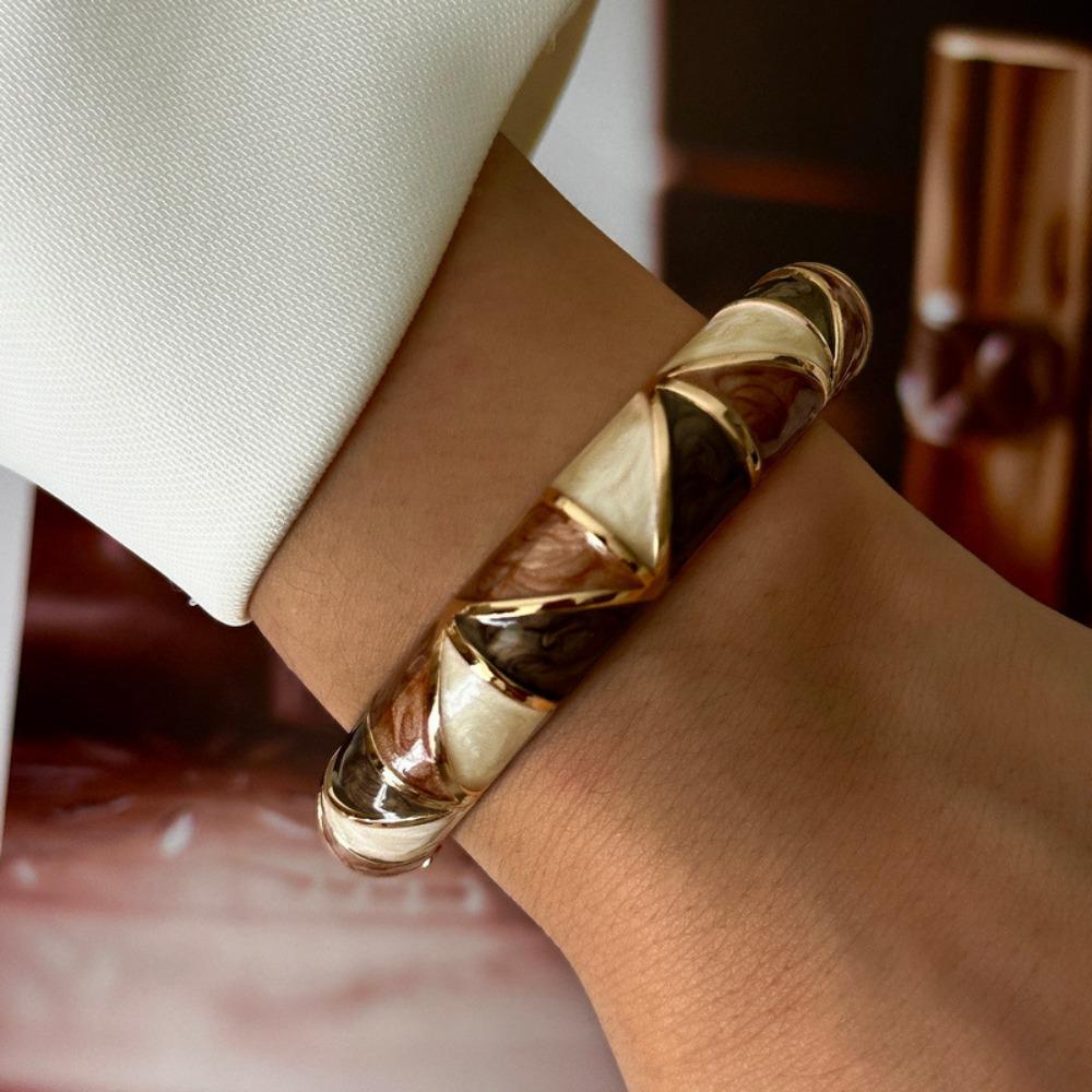 Geometric Striped Vintage Coffee Brown Enamel Wide Cuff Bracelet Open Bracelet Daily Party