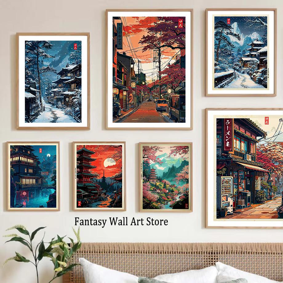 Tokyo Landscape Anime Illustration Print Japanese Night Scene Poster Fuji Vintage Painting Style Art Decor Canvas Wall Art Retro
