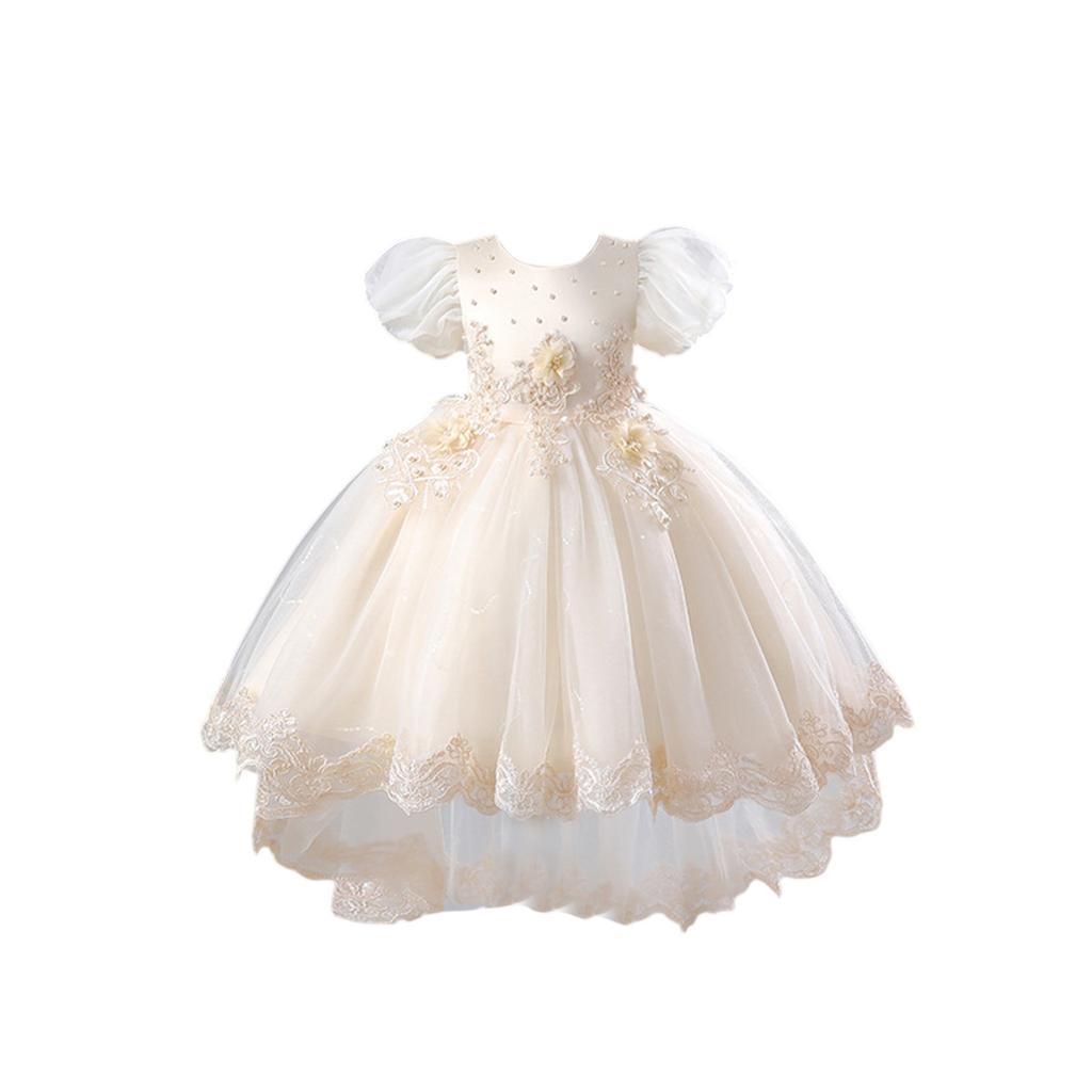 Children's Fashion Solid Color Round Neck Medium Sized Girls' Princess Dress Dress, Puffy Mesh Dress