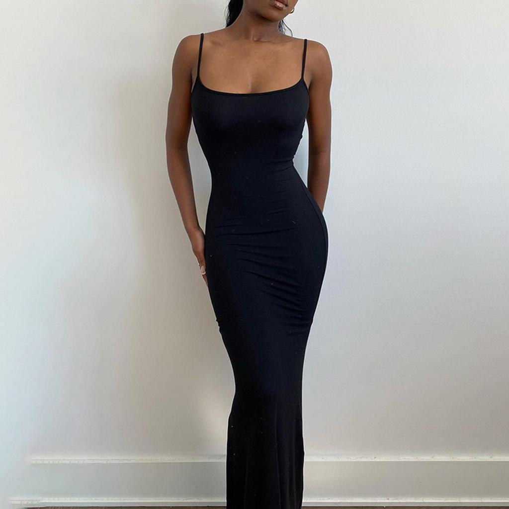 Fashion Women's Sling Sleeveless Sexy Solid Color Open Back Slim Fit  Long Dress