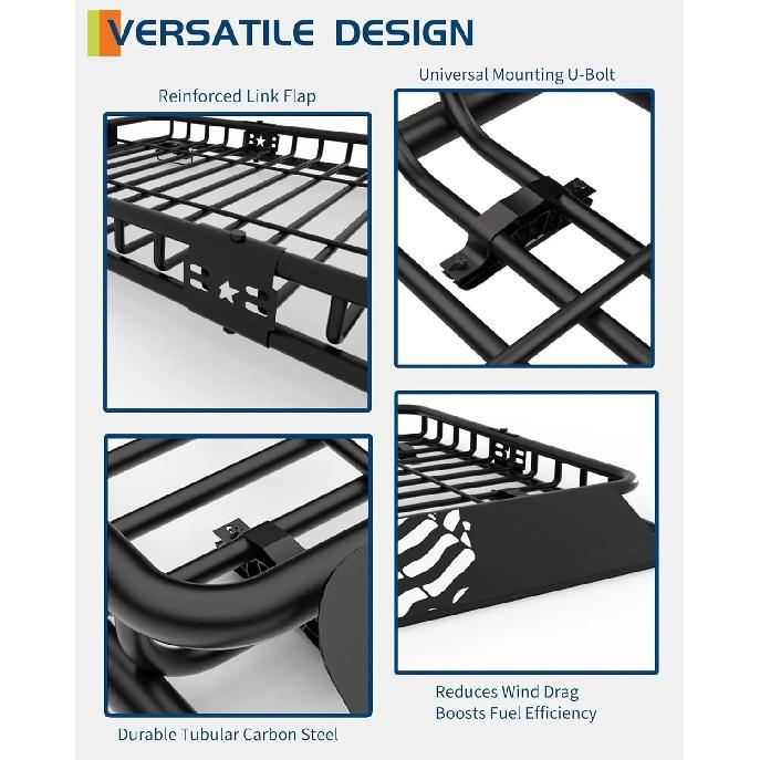 64 X 39 Inch Universal Roof Rack Basket, 200 Lbs Capacity Cargo Carrier with Wind Fairing for SUV, Truck, RV & Vehicle Roof Rack