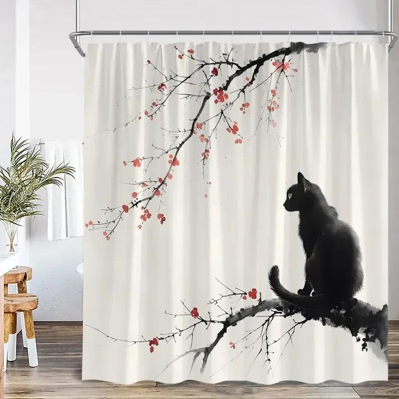 Ink Painting Shower Curtain Chinese Asian Style Cherry Blossom Japanese Woman Classical Bathroom Decor Polyester Bath Curtain