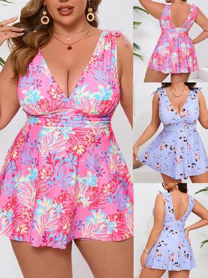 2026 Plus Size Digital Print Skirted Swimsuit Set, Slimming Open Back Two-Piece Swimwear, European & American Style.