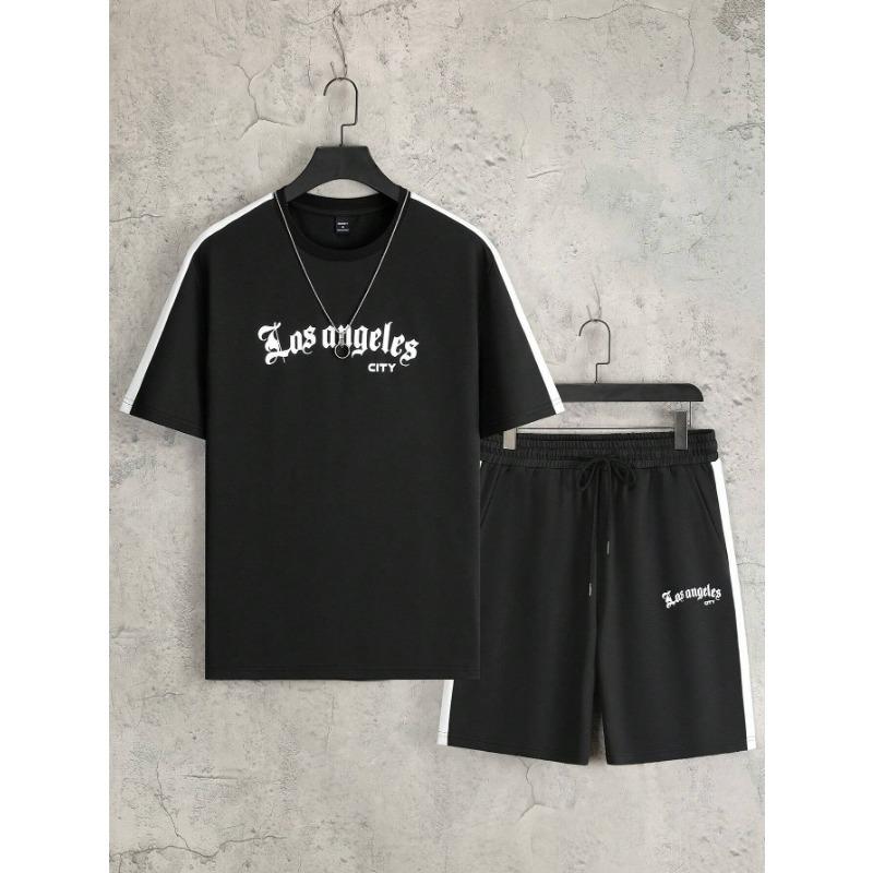 Street Trend Men's Suit Simple Letter Printed Flower Color Round Neck Short Sleeve Shorts Fashion Casual Two Piece Suit Clothing