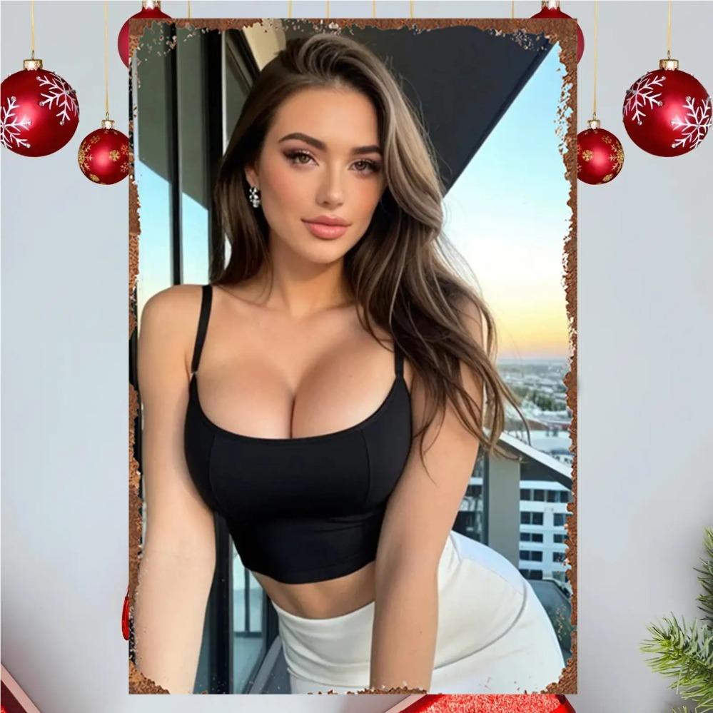 

Hisun Tin Sign HD Metal Wall Art Sexy Woman in Black Crop Top and White Pants with Christmas Ornaments on Rustic Wooden Frame in Balcony with C 20x30cm