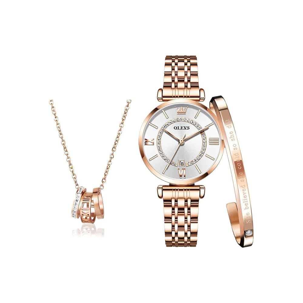 OLEVS Women s Quartz Watch Stainless Steel Band Waterproof Simple Dial Bracelet Gift Set
