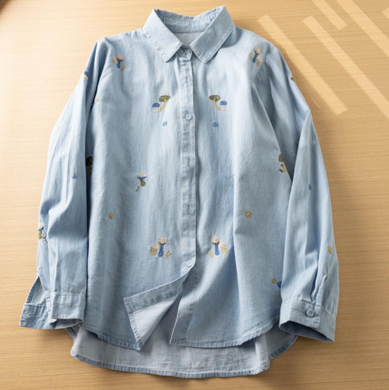Haftowana koszula z długim rękawem z spranego dżinsu, damska, wiosenna i jesienna, uroczy jednorzędowy kardigan z dżinsu