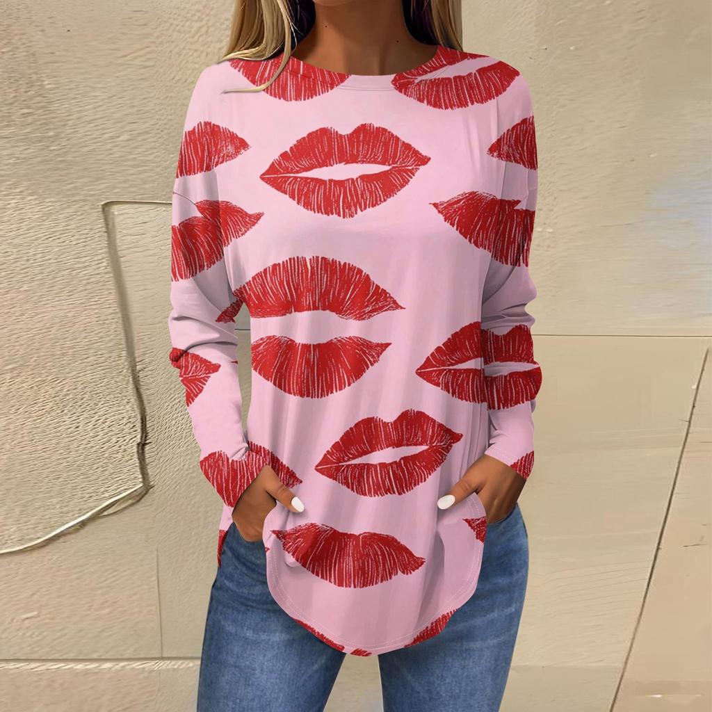 Damenmode Lockerer Rundhals Bedrucktes Langarm T-Shirt Top