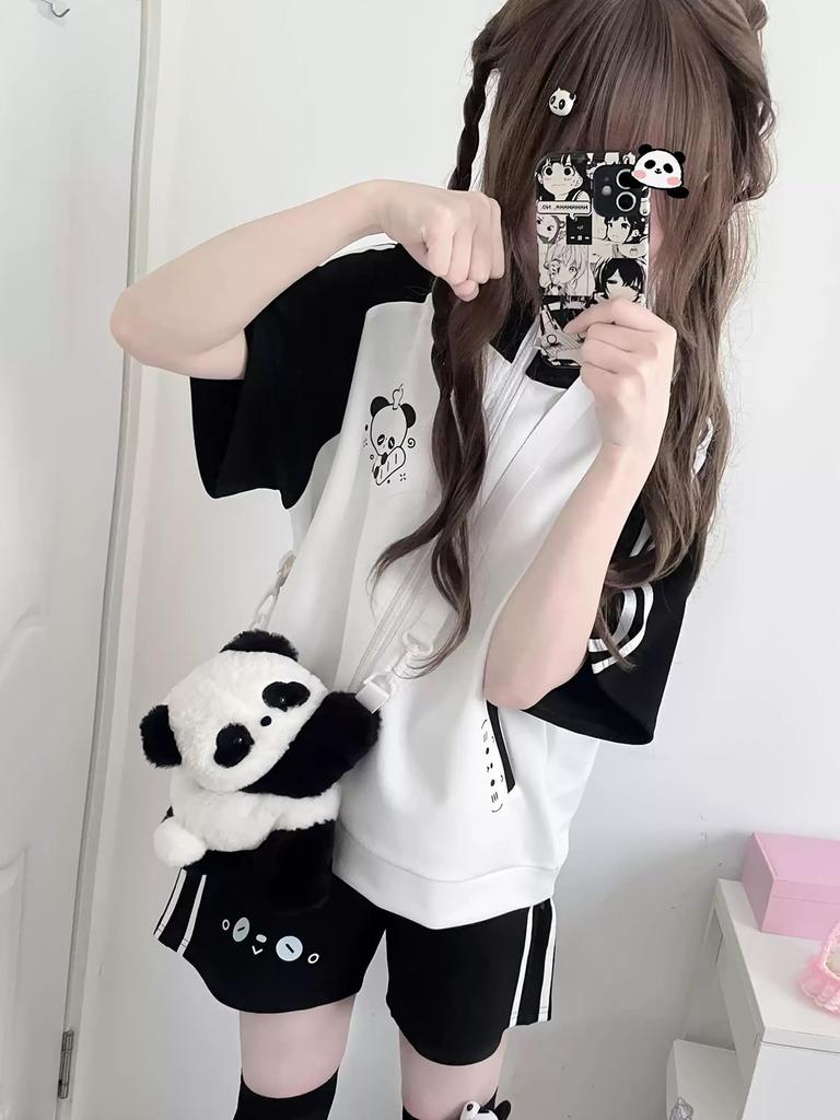 ZYOOFOV and Hoodie Short Subculture Panda Harajuku Plus School Style Women's Tracksuit, Pants, Shorts, Set, Sleeve, Unisex, Style, Zip-Up, Cute,