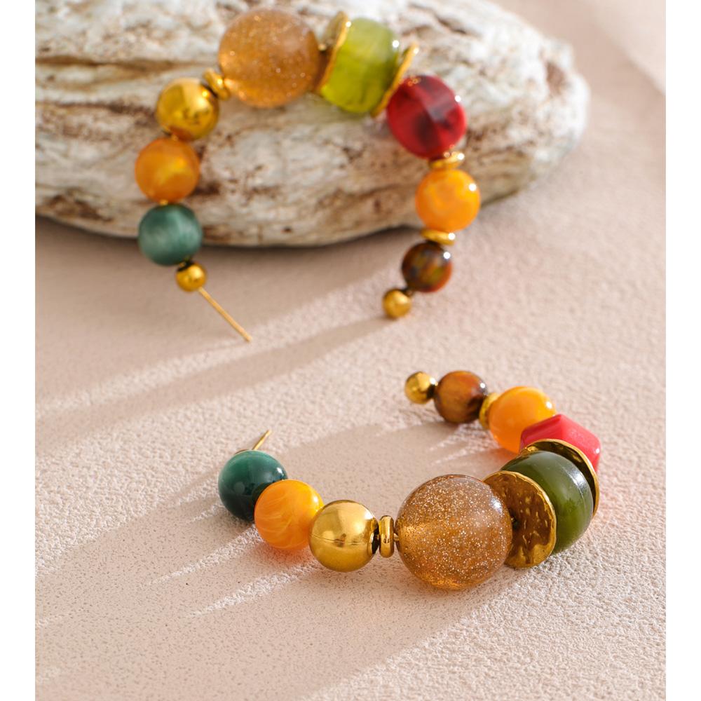 Yhpup French Colorful Acrylic Beads C-Shape Huggie Earrings Tarnish Resistant Stainless Steel Fashion Handmade Charms Jewelry