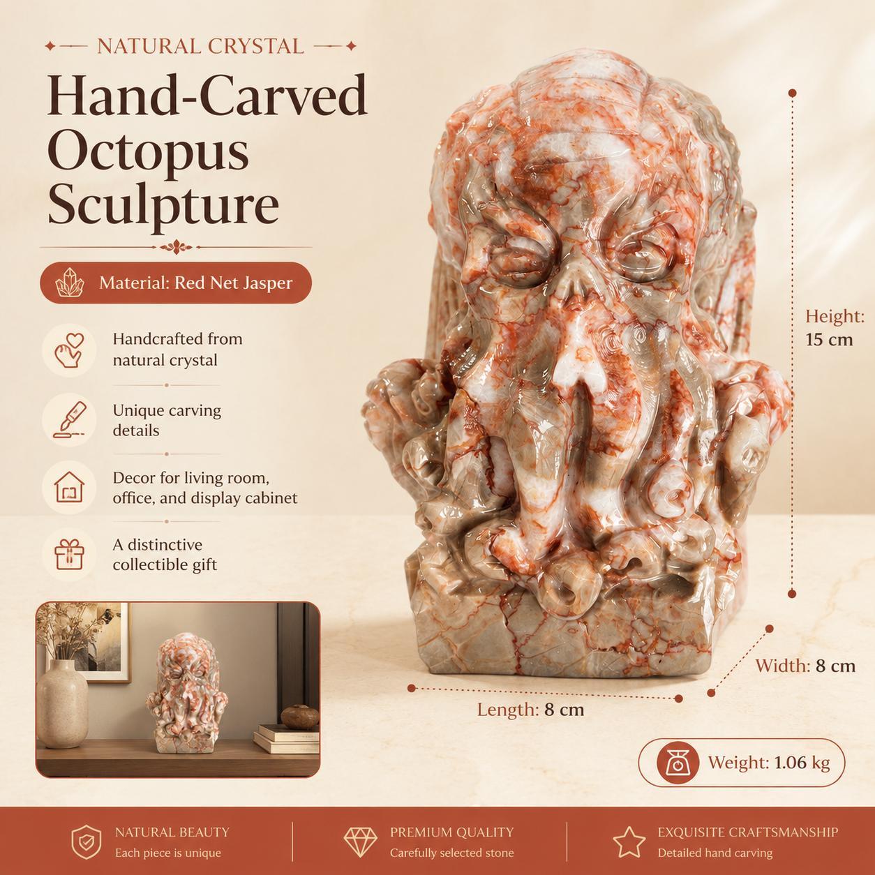 multi-material natural crystal octopus carvings, high-quality octopus carvings, hot-selling crystal home ornaments (as the picture,15cm)