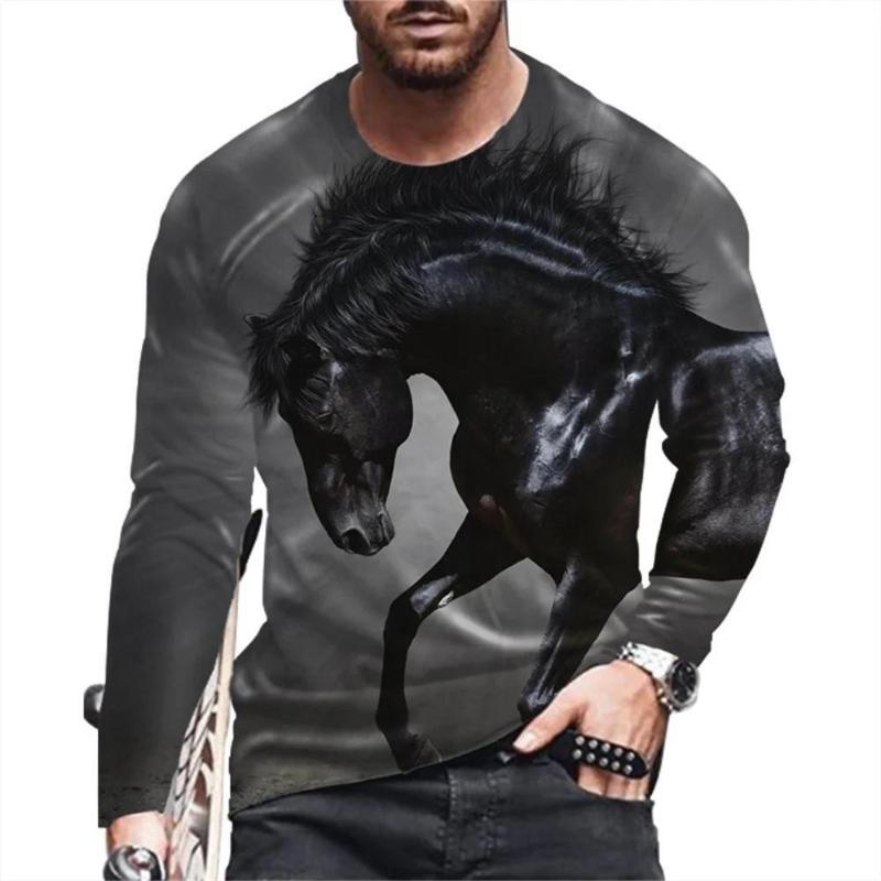 Langarm-T-Shirt mit Tiermotiv für Herren, Pferdemuster, kreative Persönlichkeit, lässige Streetwear, Qualität, bequeme Kleidung