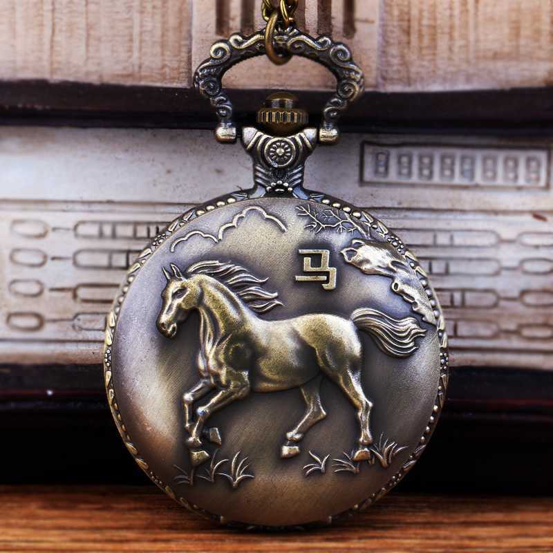 Hollow Out Horse Vintage Carved Quartz Pocket Watch Clock Fob With Chain Pendant Necklace Gifts Relief Watch With Numerals
