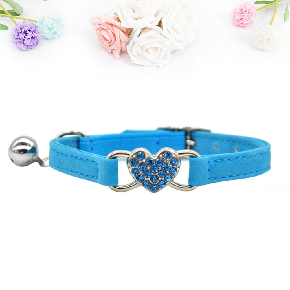 1Pcs Adjustable Cat Collar Heart with Rhinestone Bell Blue for Outdoor Home Sport Travel Pet Kitten Cat Collar