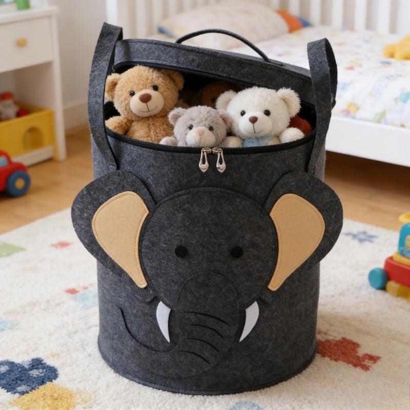 Felt Toy Storage Bucket with Lid, Cartoon Animal Dirty Clothes Basket, Portable Dustproof Laundry Bag