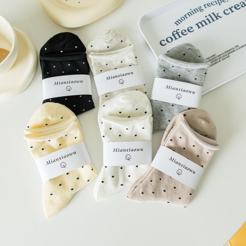 5 Pairs of Female Summer Thin Student Curled Brim Polka Dot Mid Tube Pile Socks