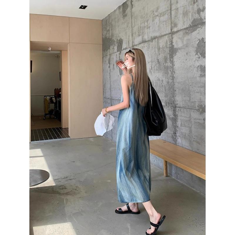 Summer New Smudged Denim Suspender Dress Women's Summer Design Sense Niche Temperament Thin Straight Dress