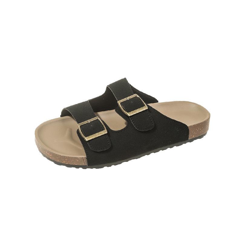 Large size one-word slippers women's new retro belt buckle beach flat-bottomed cool slippers