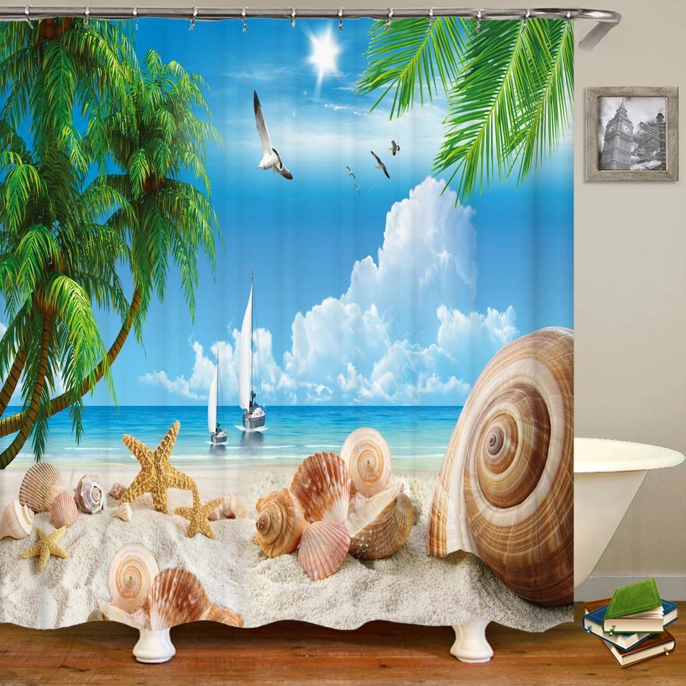 Beach Shower Curtain Waterproof Home Decoration Curtain 3D Palm Tree Seaside Beach Landscape Printed With Hooks Bathroom Curtain