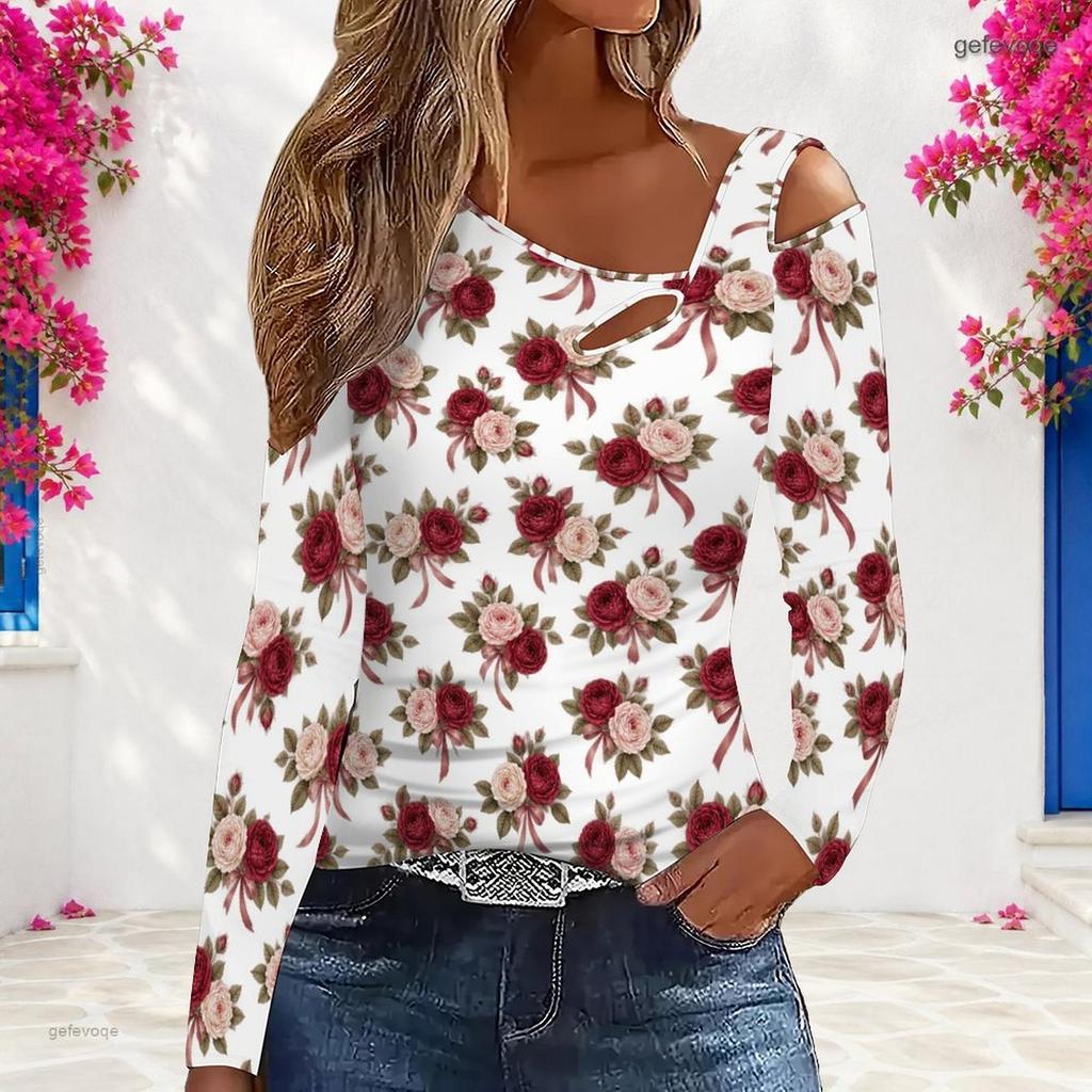 Women Plus Size Rose Floral Print Asymmetric Cutout Cold Shoulder Long Sleeve Fitted Blouse