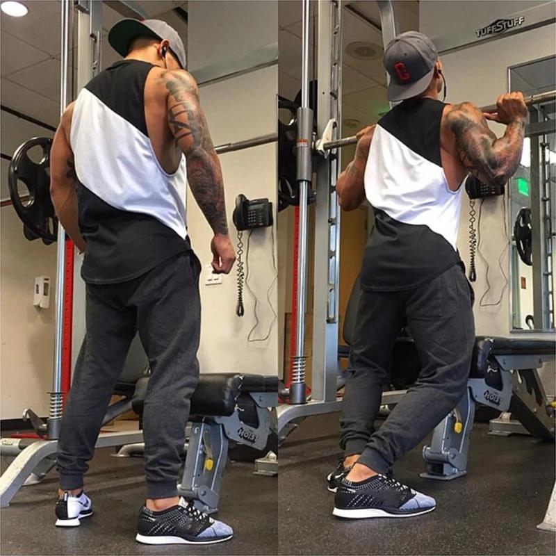 Muscleguys Running Vests Men Cotton Patchwork Mesh Cut Off Gym Tank Tops Bodybuilding Sleeveless Shirts Fitness Clothing Workout Singlets