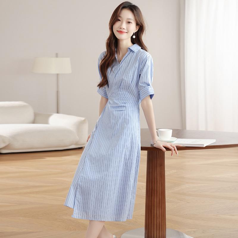 Women's Summer French Striped Shirt Dress - Elegant Long Style, College-Inspired, Absolutely Stunning