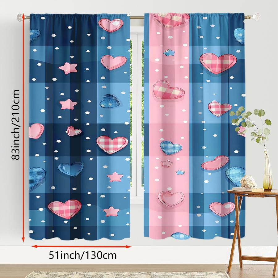 Set aus 2 Blau Rosa Gitter Herz Stern Vorhängen Süß Kühl Stil Wohnzimmer Schlafzimmer Stangentasche Dekoration Vorhang Polyester Ideal für Bereich